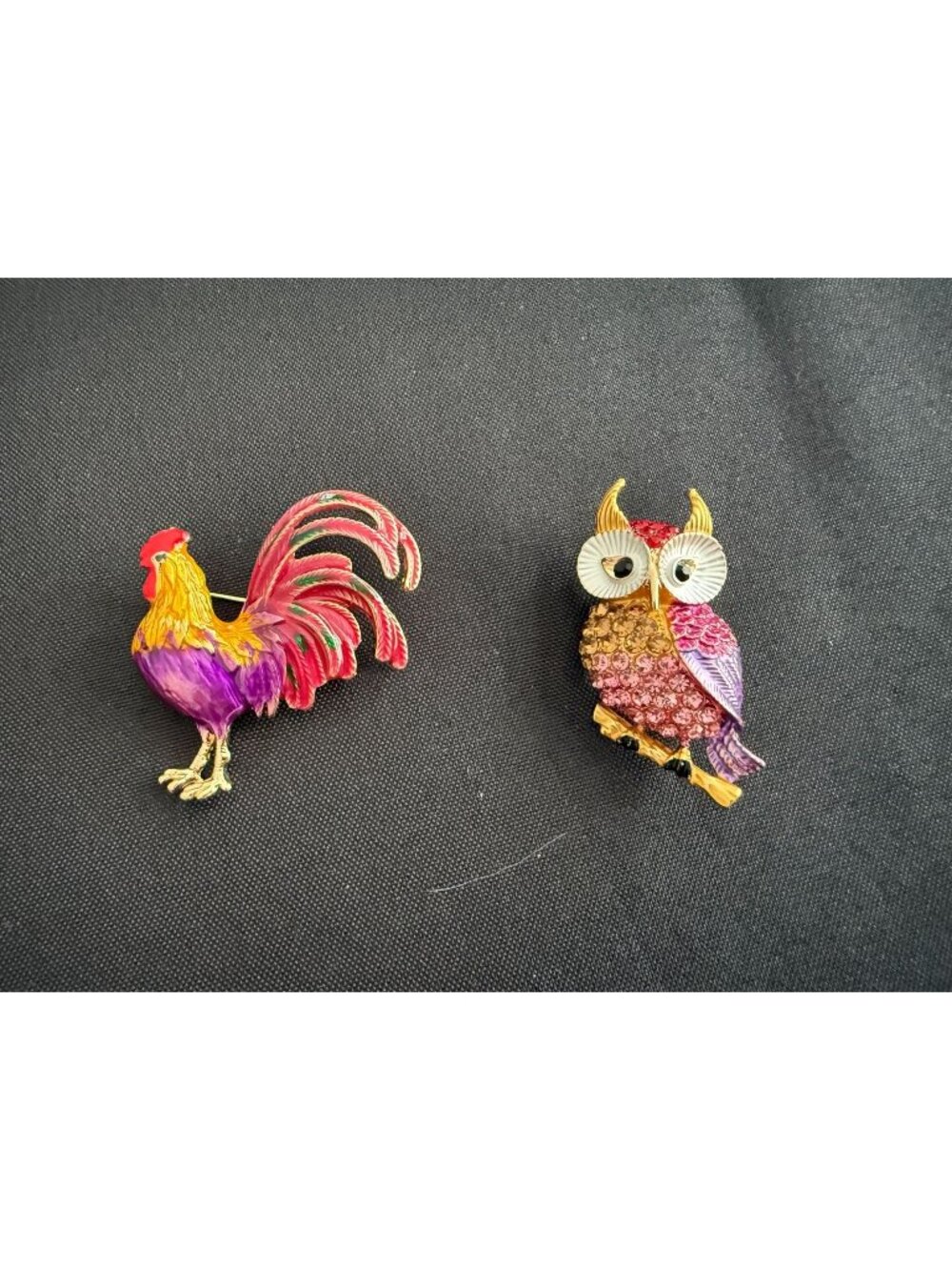 Bird Brooch Duo – Rhinestone Owl & Enamel Rooster Pins, Pink Purple Gold-Tone, S